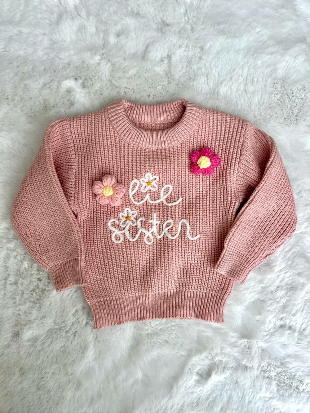Girls' Pink 'Lil Sister' Floral Knit Sweater 0-6 MOS